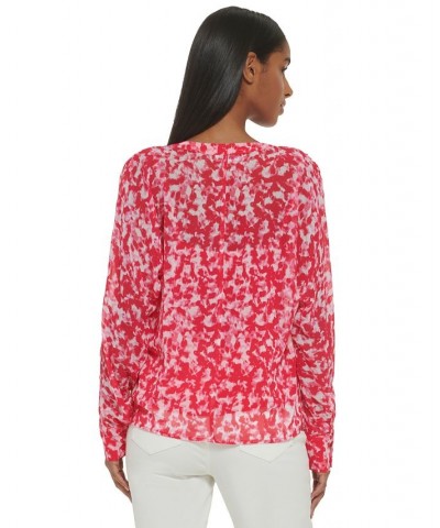 Long Sleeve Printed Chiffon Button Front Blouse Rosebud Combo $43.78 Tops