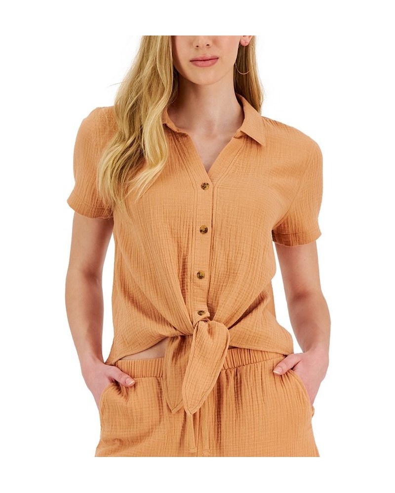 Juniors' Button-Down Tie-Hem Cotton Top Tan/Beige $18.00 Tops