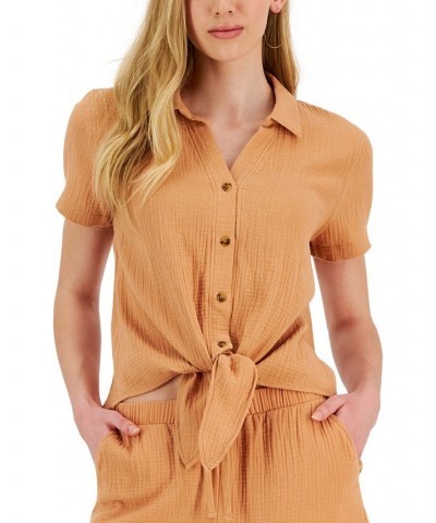 Juniors' Button-Down Tie-Hem Cotton Top Tan/Beige $18.00 Tops