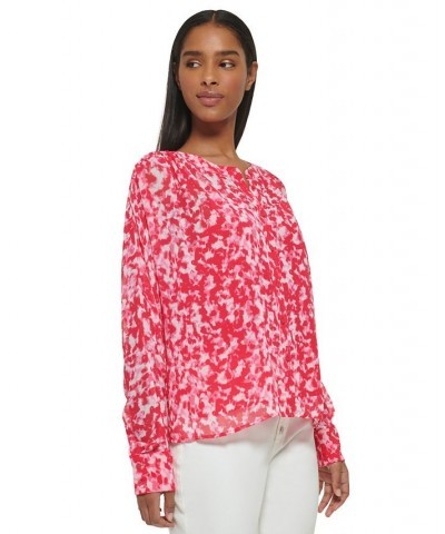 Long Sleeve Printed Chiffon Button Front Blouse Rosebud Combo $43.78 Tops