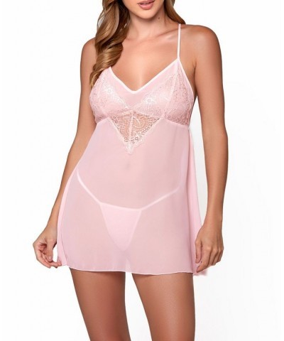 Mia Chiffon and Lace Babydoll Chemise 2pc Lingerie Set Pink $29.48 Lingerie