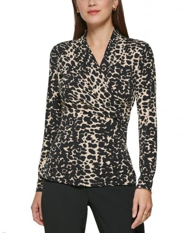 Women's Animal Print Matte Jersey Faux Wrap Top Tan Multi $27.60 Tops