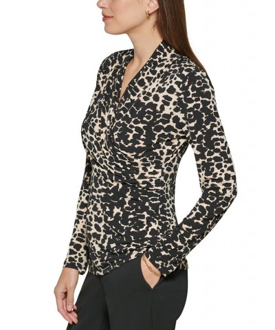 Women's Animal Print Matte Jersey Faux Wrap Top Tan Multi $27.60 Tops