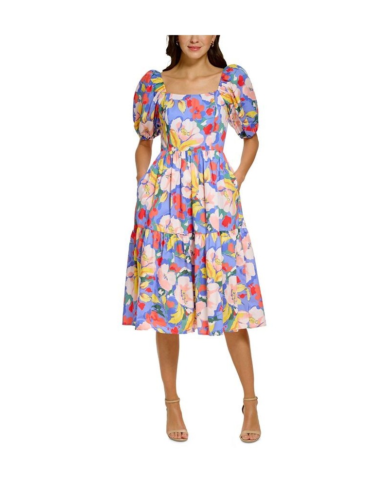 Petite Printed Side-Pocket Puff-Sleeve Smocked-Back Midi Dress Blu $50.56 Dresses