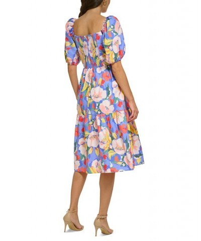 Petite Printed Side-Pocket Puff-Sleeve Smocked-Back Midi Dress Blu $50.56 Dresses