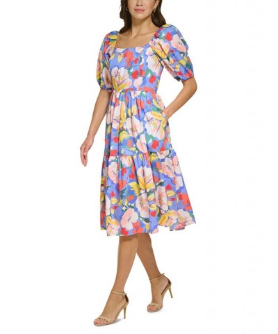 Petite Printed Side-Pocket Puff-Sleeve Smocked-Back Midi Dress Blu $50.56 Dresses