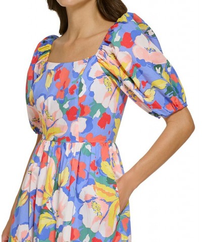 Petite Printed Side-Pocket Puff-Sleeve Smocked-Back Midi Dress Blu $50.56 Dresses