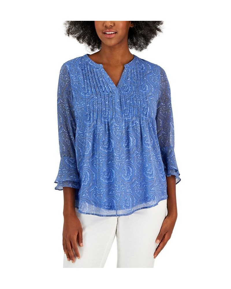 Women's Printed Split-Neck Top Blue $26.85 Tops