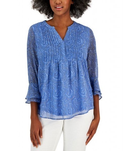 Women's Printed Split-Neck Top Blue $26.85 Tops