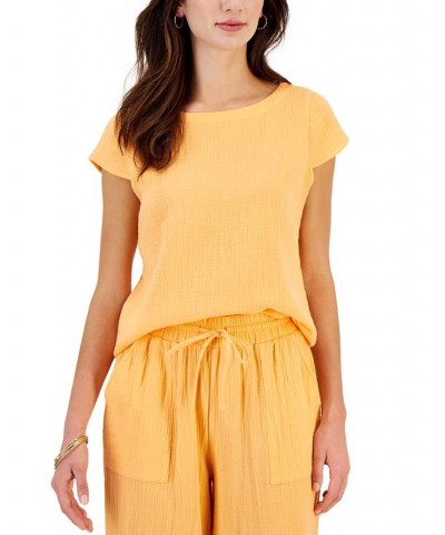 Women's Crinkled Gauze Cap-Sleeve Top Cantaloupe $11.87 Tops