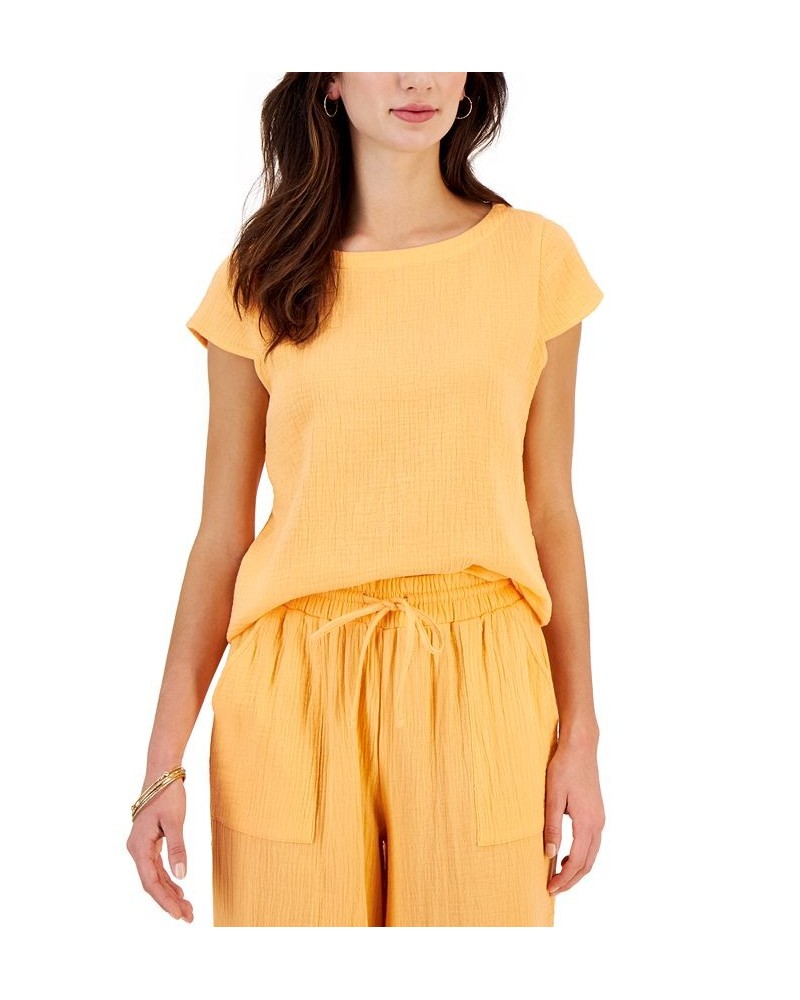 Women's Crinkled Gauze Cap-Sleeve Top Cantaloupe $11.87 Tops