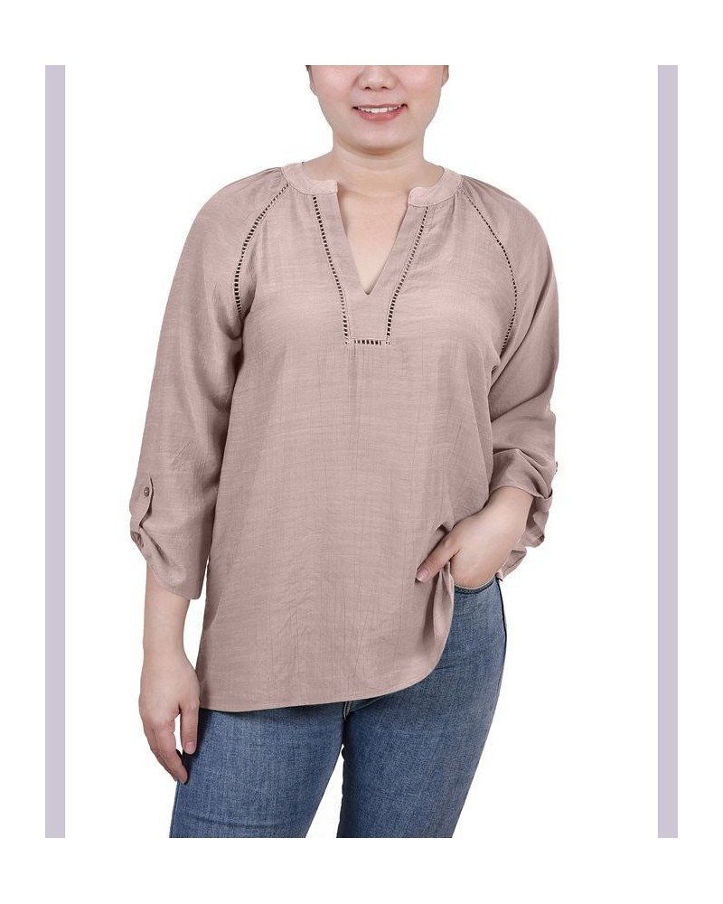 Petite Raglan Sleeve Split Neck Blouse Tan/Beige $13.76 Tops