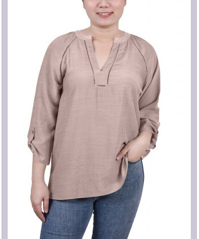 Petite Raglan Sleeve Split Neck Blouse Tan/Beige $13.76 Tops