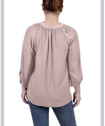 Petite Raglan Sleeve Split Neck Blouse Tan/Beige $13.76 Tops