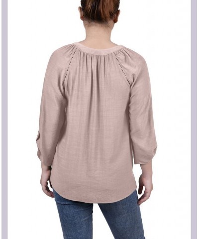 Petite Raglan Sleeve Split Neck Blouse Tan/Beige $13.76 Tops