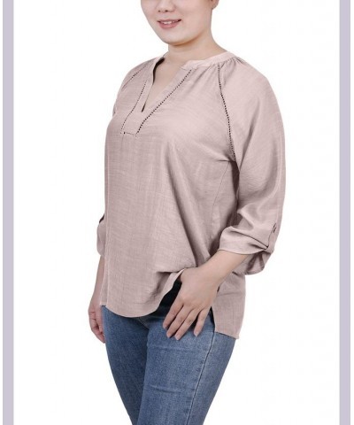 Petite Raglan Sleeve Split Neck Blouse Tan/Beige $13.76 Tops