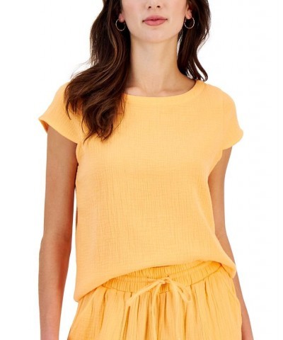 Women's Crinkled Gauze Cap-Sleeve Top Cantaloupe $11.87 Tops