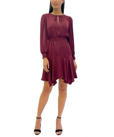 Women's A-Line Tie-Neck Smocked Mini Dress Burgundy $25.06 Dresses