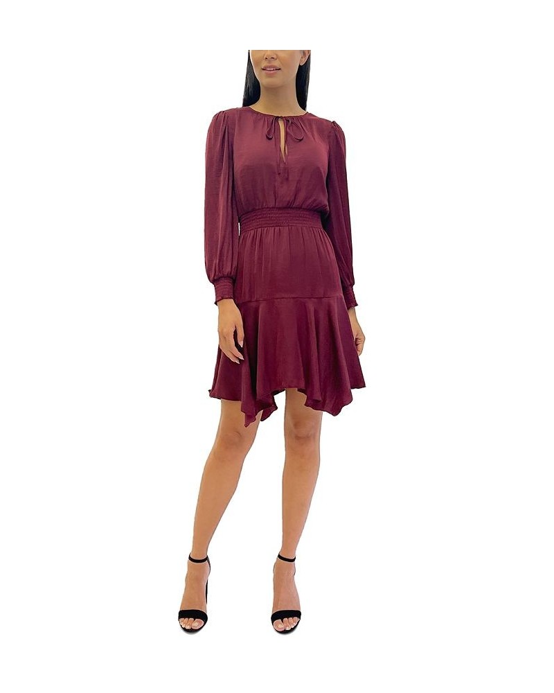 Women's A-Line Tie-Neck Smocked Mini Dress Burgundy $25.06 Dresses