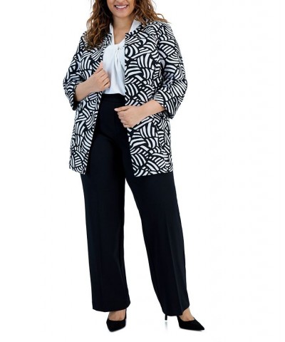 Plus Size Printed Open-Front 3/4-Sleeve Blazer Black/Lily White $67.60 Jackets