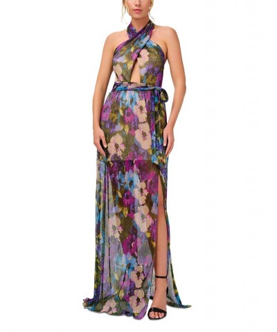 Women's Floral-Print Crinkled Halter Gown Magenta $118.25 Dresses