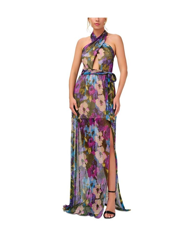 Women's Floral-Print Crinkled Halter Gown Magenta $118.25 Dresses