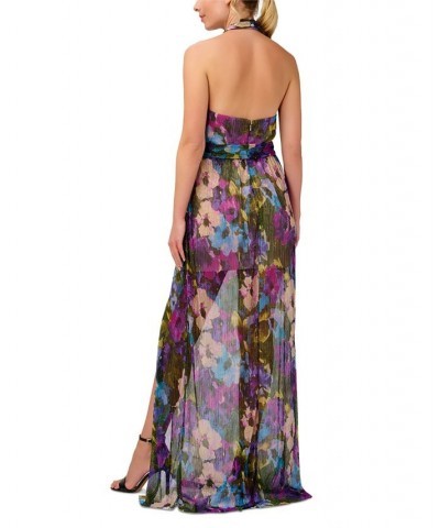 Women's Floral-Print Crinkled Halter Gown Magenta $118.25 Dresses