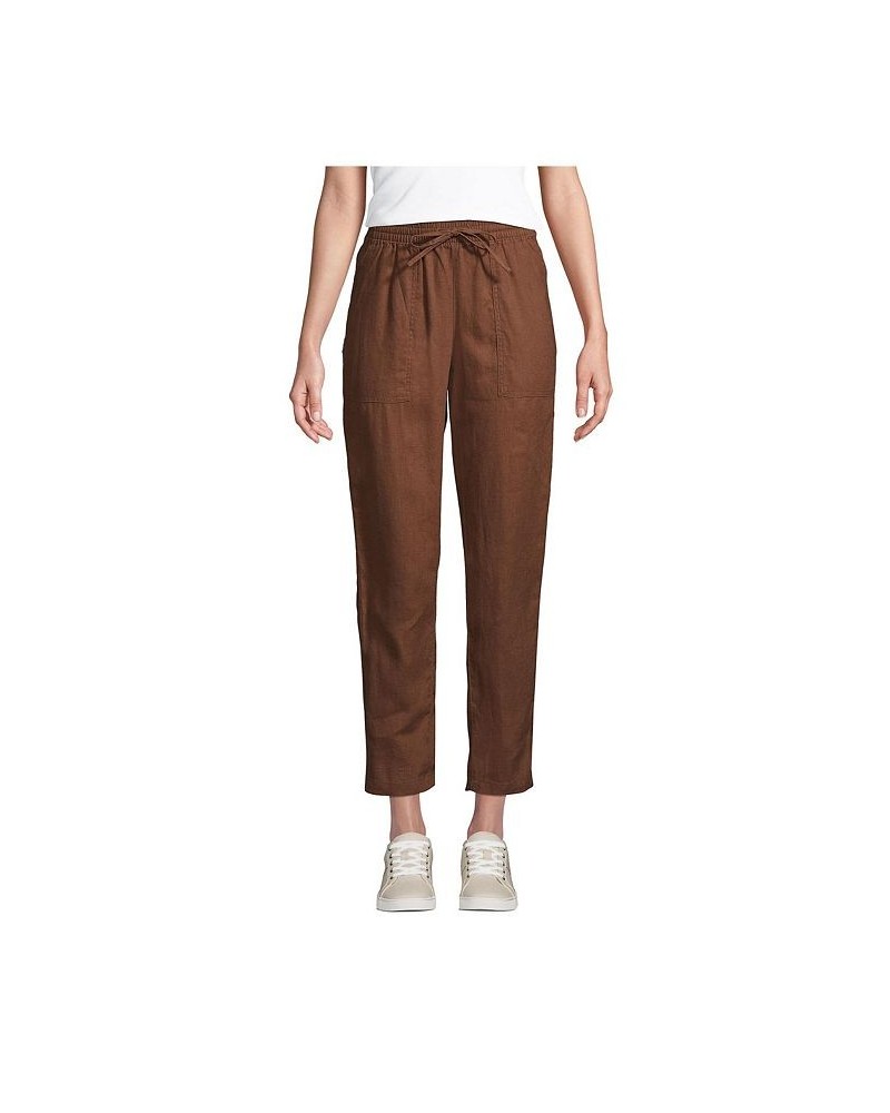 Women's Petite High Rise Pull On Tie Waist Linen Crop Pants Brown $47.67 Pants