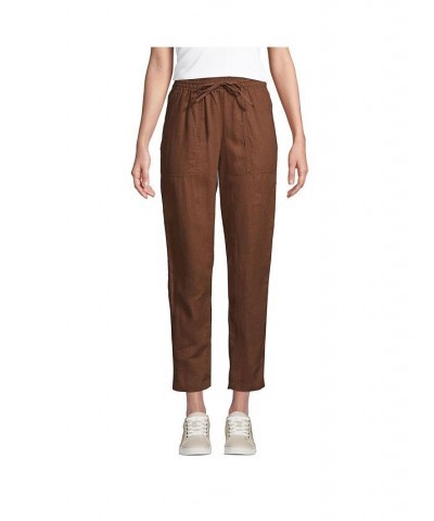 Women's Petite High Rise Pull On Tie Waist Linen Crop Pants Brown $47.67 Pants