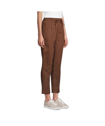 Women's Petite High Rise Pull On Tie Waist Linen Crop Pants Brown $47.67 Pants