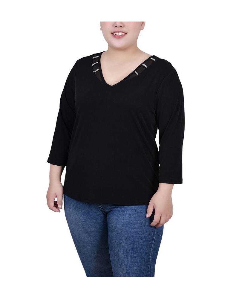 Plus Size Tunic Top with Illusion Neckline and Stones Black $13.72 Tops