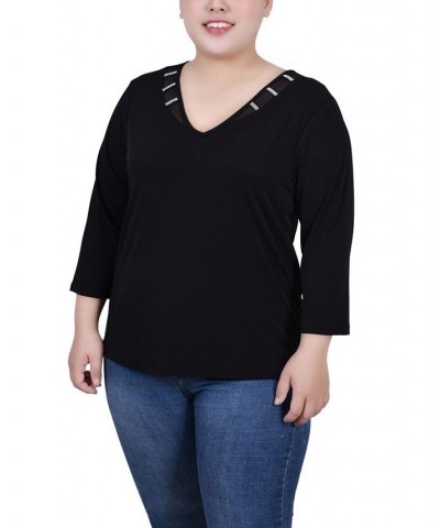 Plus Size Tunic Top with Illusion Neckline and Stones Black $13.72 Tops