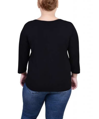 Plus Size Tunic Top with Illusion Neckline and Stones Black $13.72 Tops