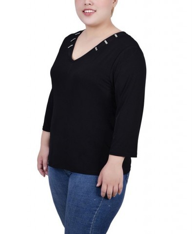 Plus Size Tunic Top with Illusion Neckline and Stones Black $13.72 Tops