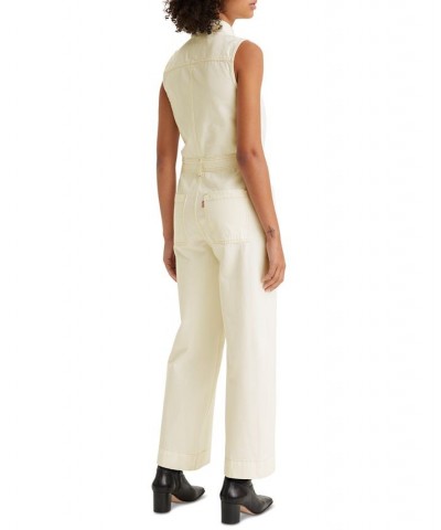 Women's Cotton Denim Button-Front Sleeveless Jumpsuit Tan/Beige $49.49 Jeans