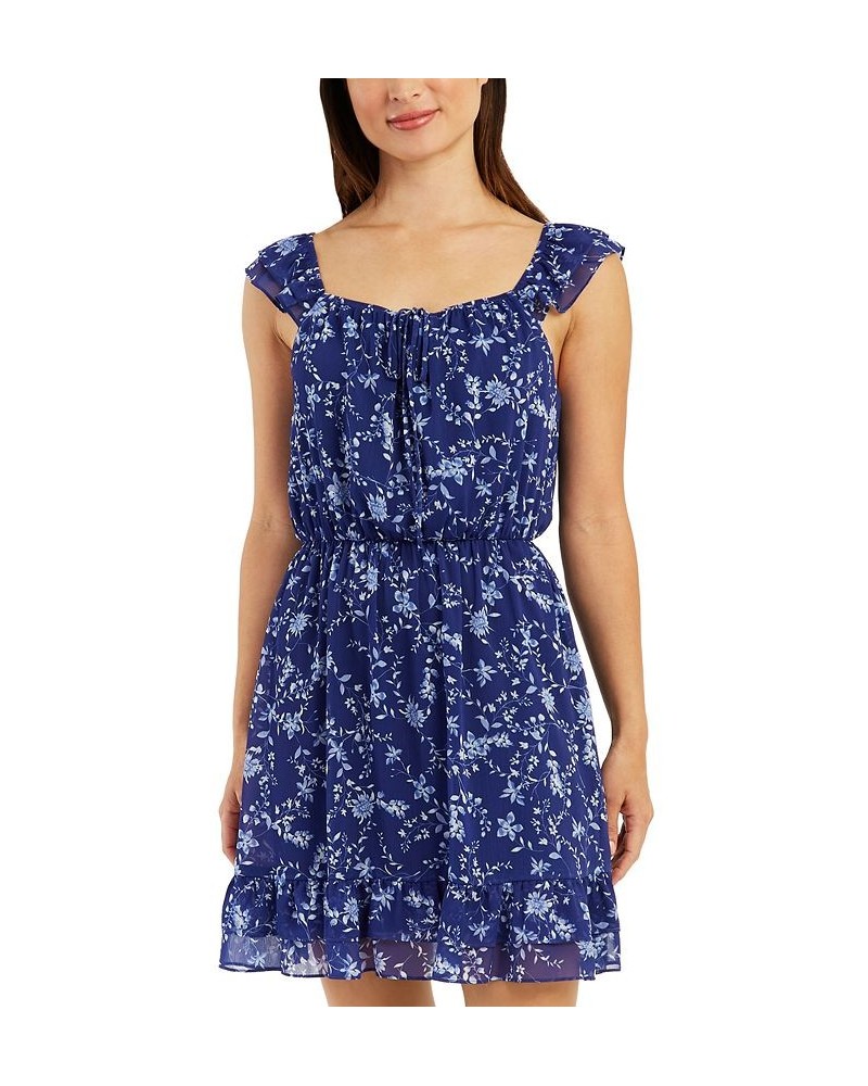 Juniors' Floral Tie-Neck Double-Ruffled Dress Pat C $34.81 Dresses