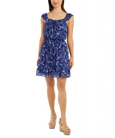 Juniors' Floral Tie-Neck Double-Ruffled Dress Pat C $34.81 Dresses