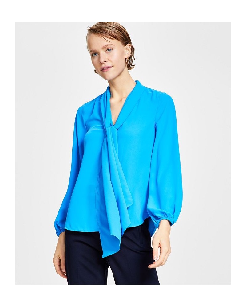 Women's Tie Neck Cinched Sleeve Blouse Cezanne Blue $26.21 Tops