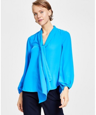 Women's Tie Neck Cinched Sleeve Blouse Cezanne Blue $26.21 Tops