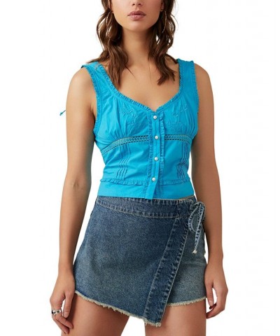 Women's Kerry Embroidered Ruffle-Trim Cotton Tank Top Blue $36.08 Tops