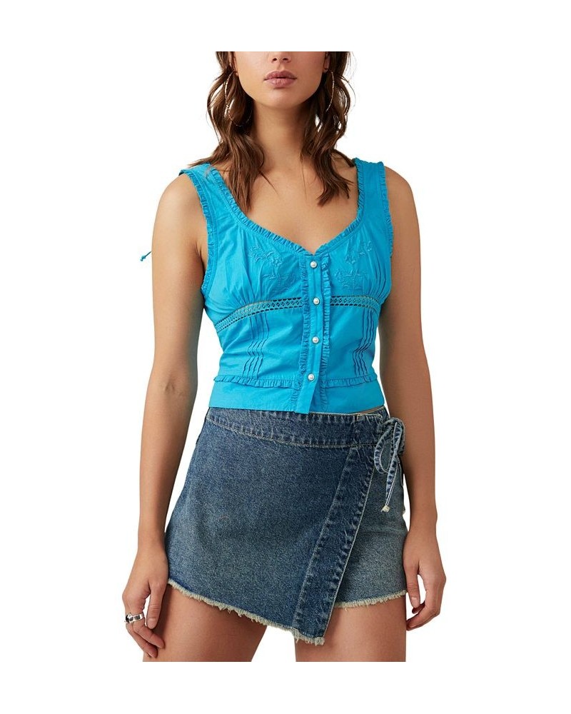 Women's Kerry Embroidered Ruffle-Trim Cotton Tank Top Blue $36.08 Tops