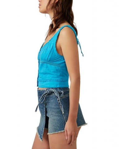 Women's Kerry Embroidered Ruffle-Trim Cotton Tank Top Blue $36.08 Tops