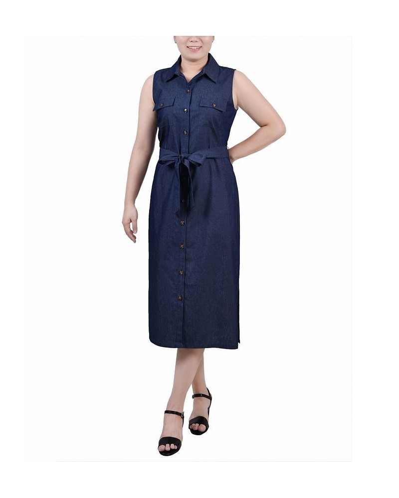 Petite Sleeveless Belted Chambray Dress Dark Denim $16.65 Dresses