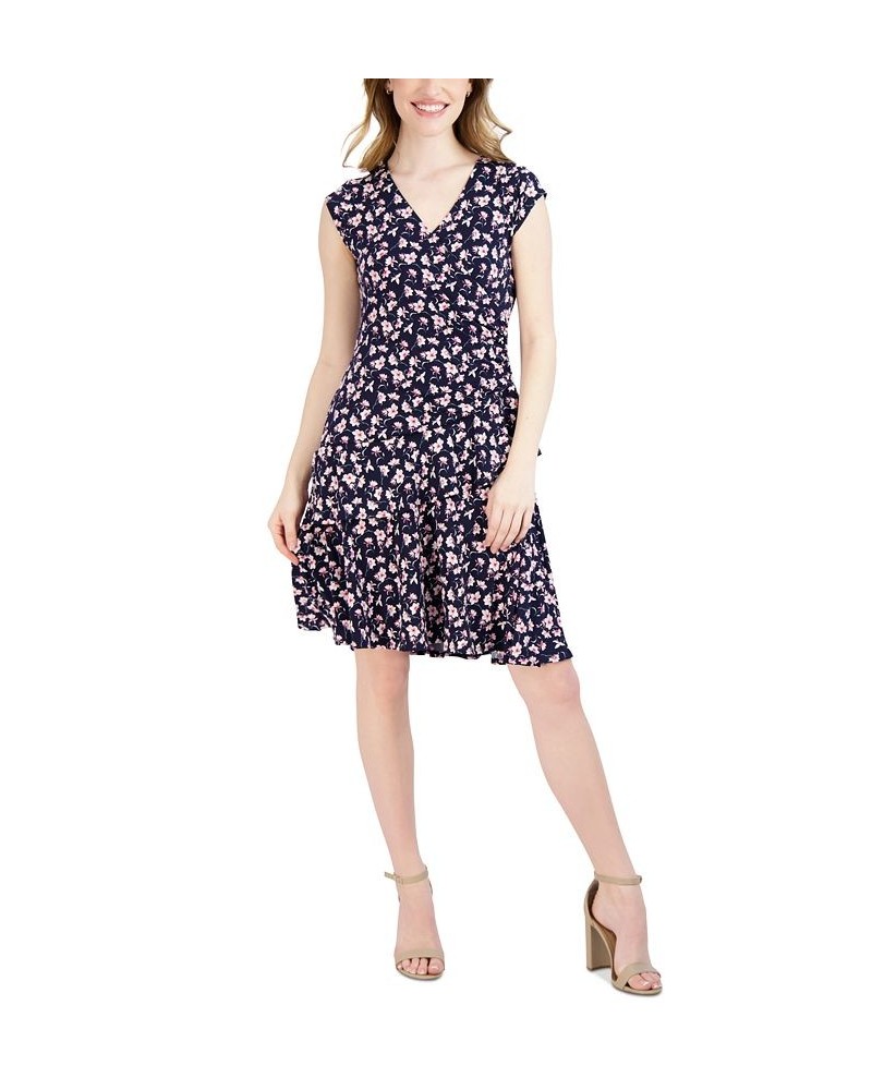 Petite V-Neck A-Line Dress Navy/Pink $40.29 Dresses