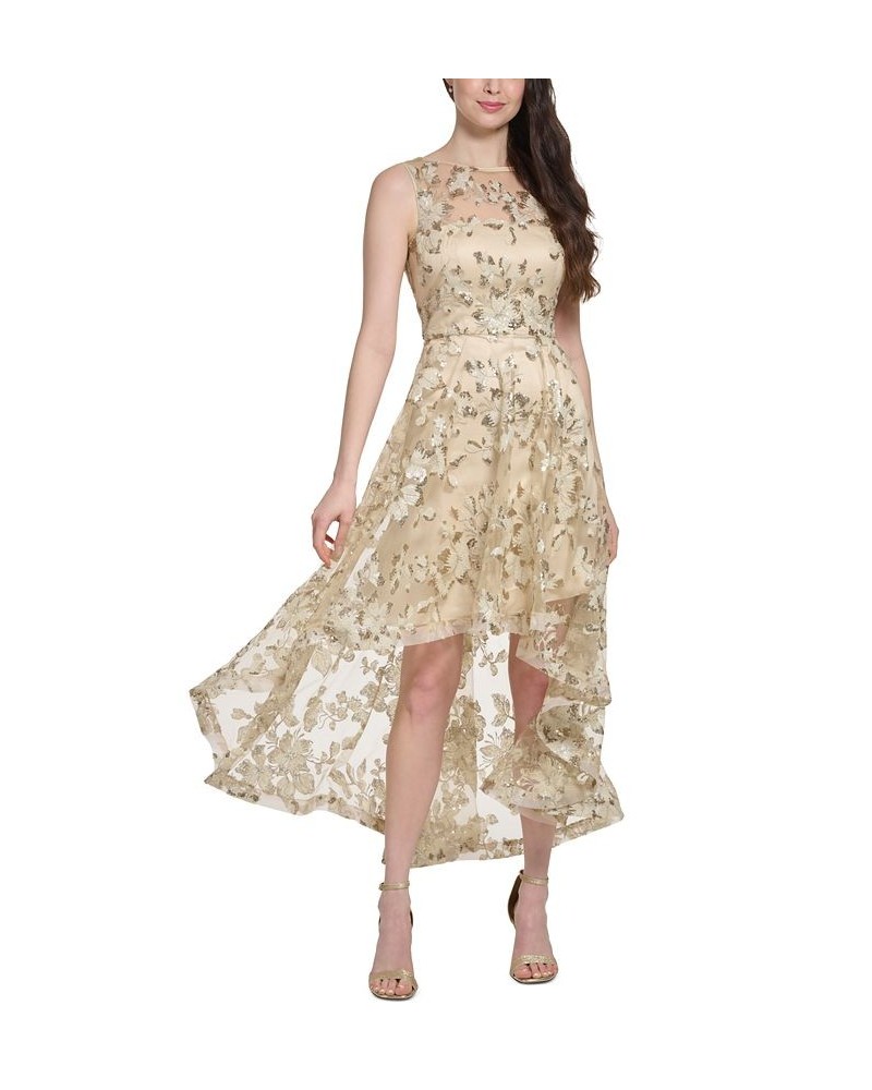 Women's Illusion-Yoke Embroidered Sequinned High-Low Dress Taupe $110.88 Dresses