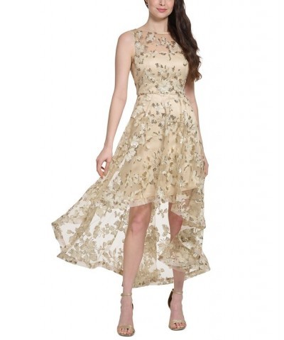 Women's Illusion-Yoke Embroidered Sequinned High-Low Dress Taupe $110.88 Dresses