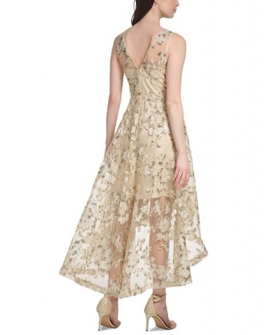 Women's Illusion-Yoke Embroidered Sequinned High-Low Dress Taupe $110.88 Dresses