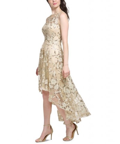 Women's Illusion-Yoke Embroidered Sequinned High-Low Dress Taupe $110.88 Dresses