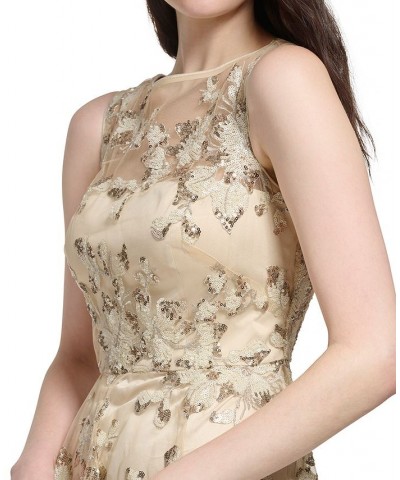 Women's Illusion-Yoke Embroidered Sequinned High-Low Dress Taupe $110.88 Dresses