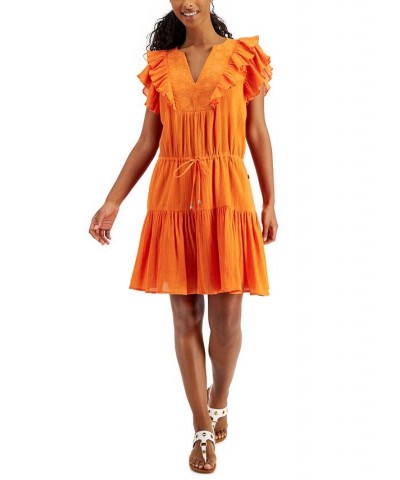 Women's Cotton Embroidered Tiered Dress Orange $23.23 Dresses